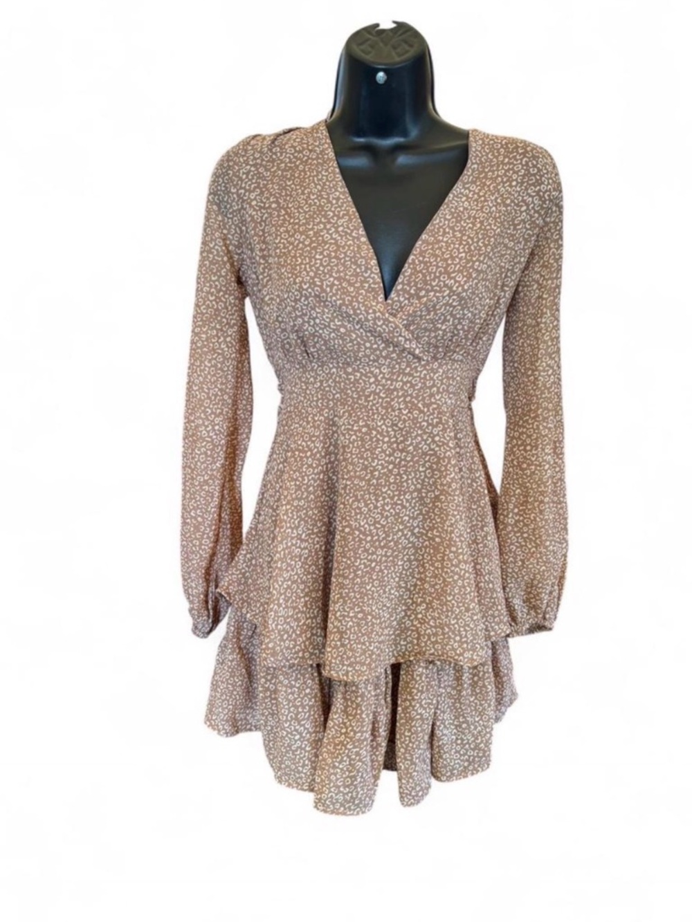 Brown Printed Long-Sleeve Wrap Mini Dress